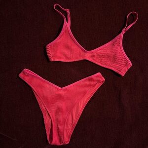 aerie Hot Pink Ribbed V‑Neck Bikini Set